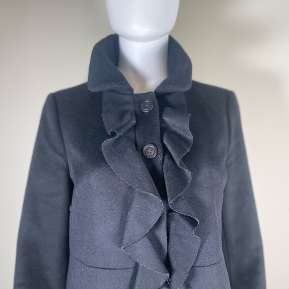 J. Crew Black 100% Wool Ruffle Button Front Winter Coat Sz 8 Jacket Peacoat boho - Picture 7 of 16